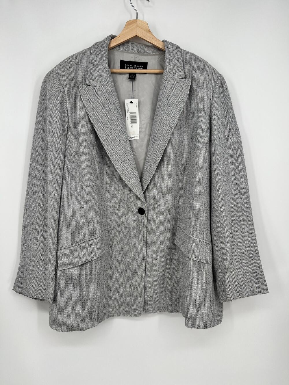 Linda Allard Ellen Tracy Blazer Women 24 Black White Herringbone Cupro Linen NEW